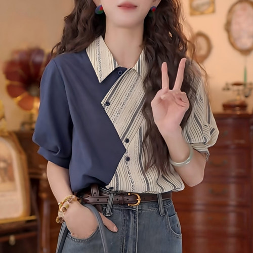 不规则拼接条纹翻领短袖衬衫女