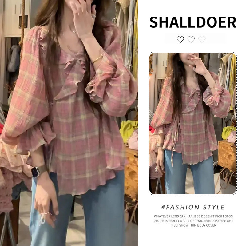 韩系慵懒风荷叶边格子灯笼袖衬衣女春秋新款设计感不规则防晒上衣