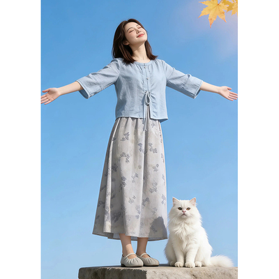 新中式禅意国风碎花连衣裙子女