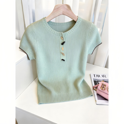 绝美多巴胺纽扣圆领短袖针织女