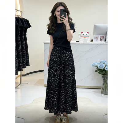 短袖t恤高腰碎花半身裙两件套