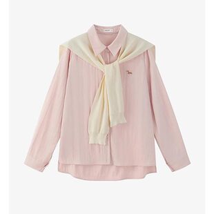 慵懒风POLO领长袖粉色衬衫女2026春装新款爆款设计感小众披肩衬衣