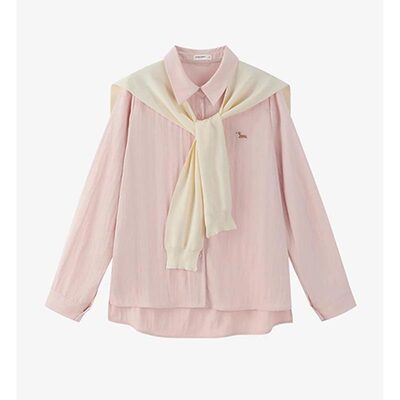 慵懒风POLO领长袖粉色衬衫女