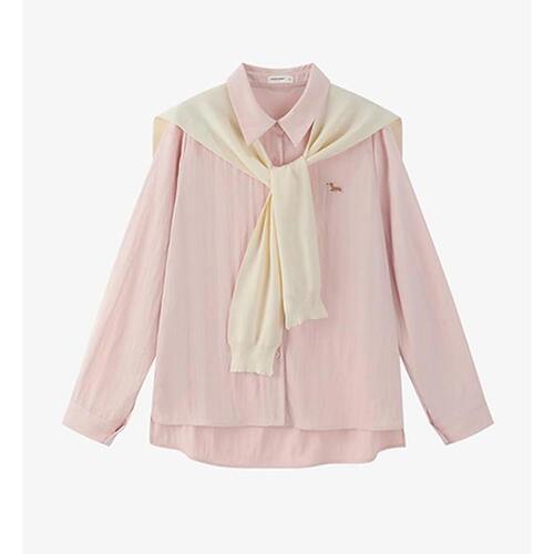 慵懒风POLO领长袖粉色衬衫女