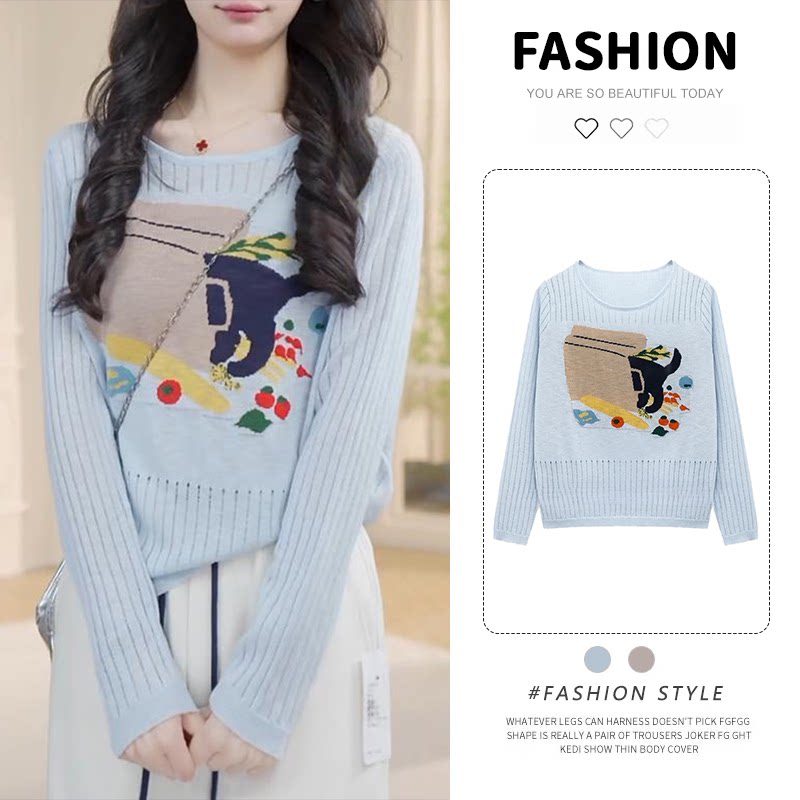 卡通印花镂空坑条针织衫女2026新款秋季薄款长袖t恤百搭休闲上衣