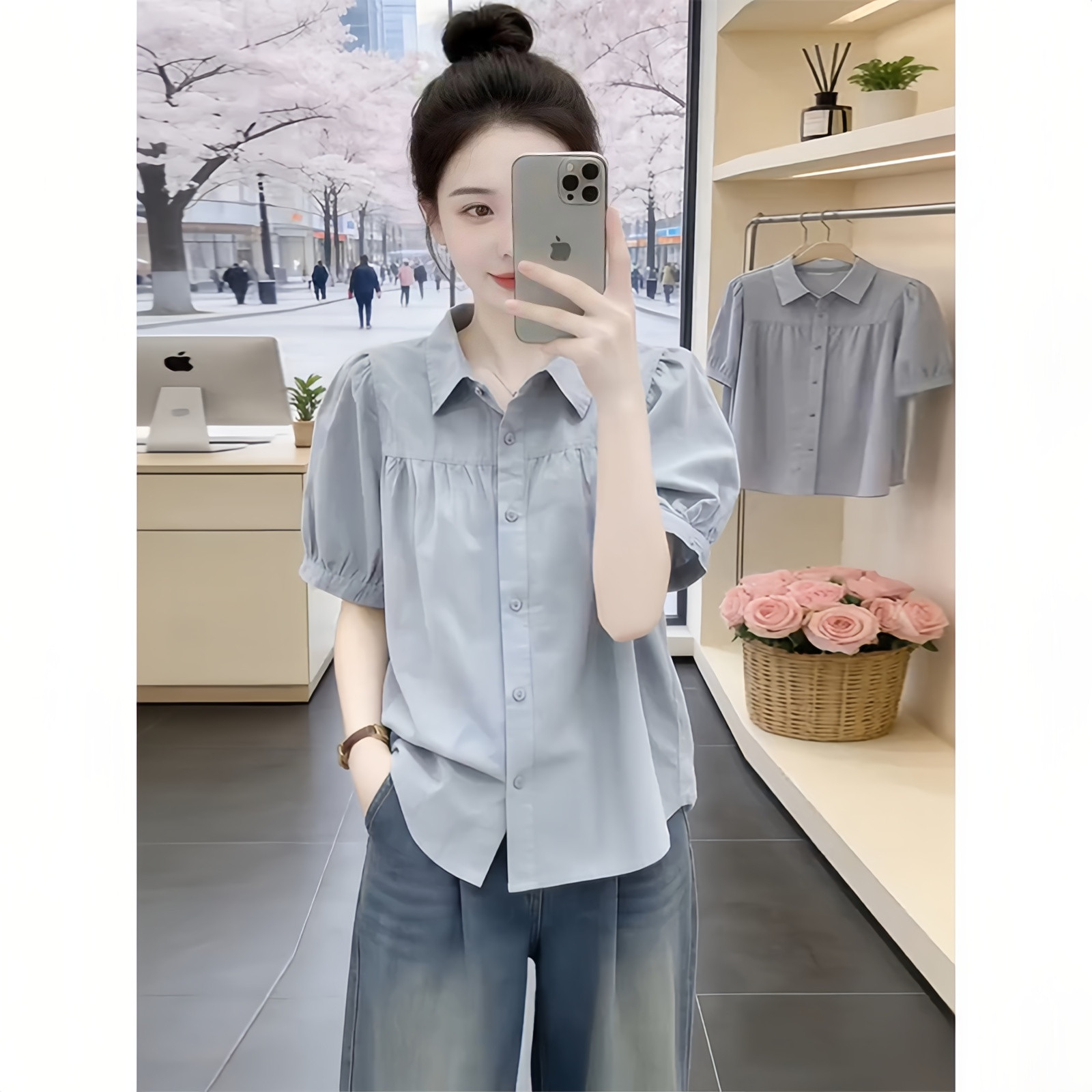时尚短袖衬衫女士夏季新款宽松遮肚子衬衣百搭小个子洋气休闲上衣