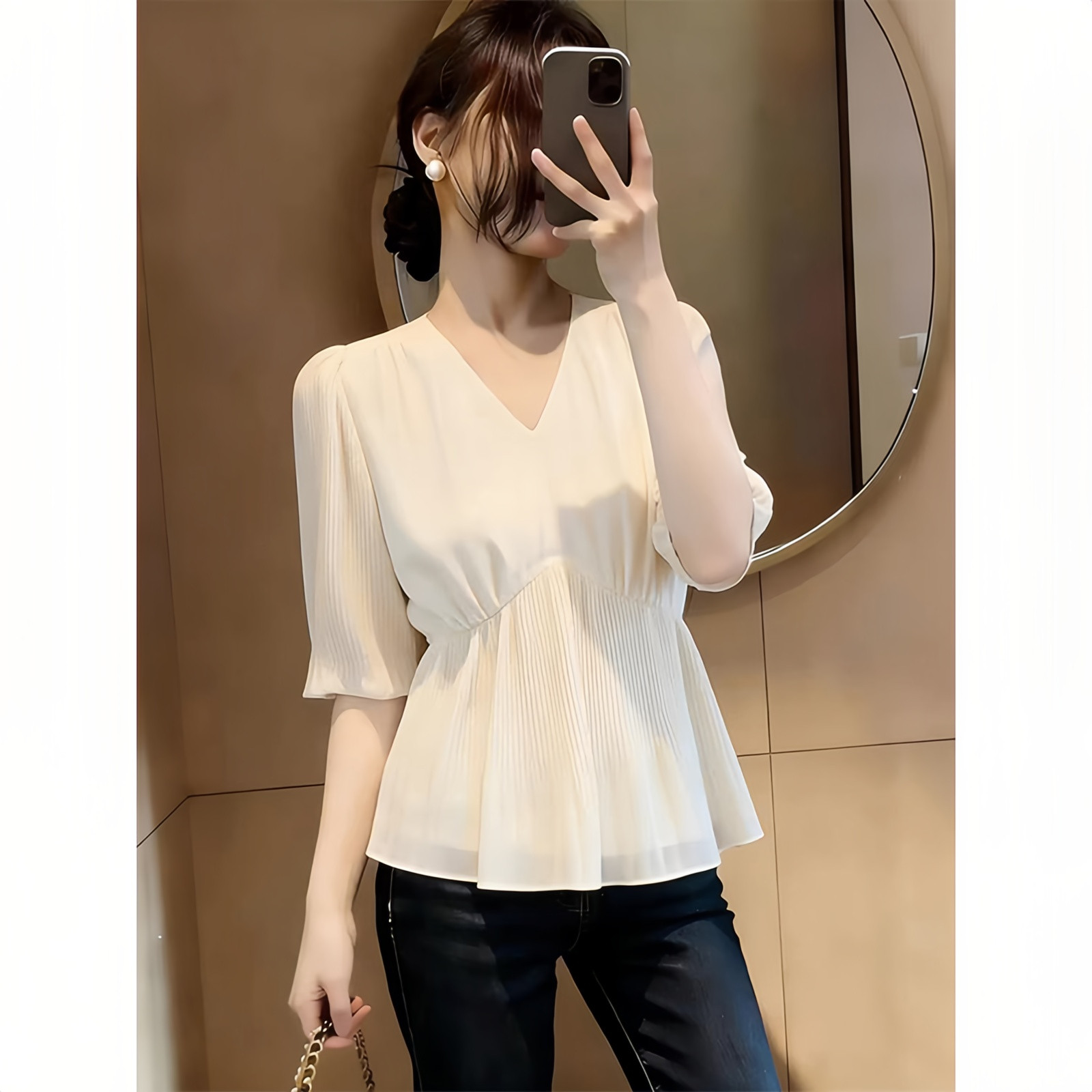 韩系温柔风V领收腰气质五分袖衬衫女2026夏季新款优雅百搭上衣潮