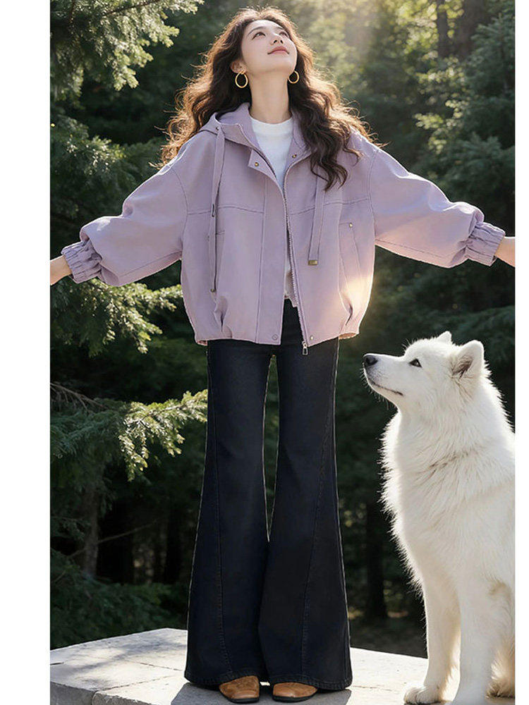Qadın qısa kapüşonlu yüngül jaket, payız üçün