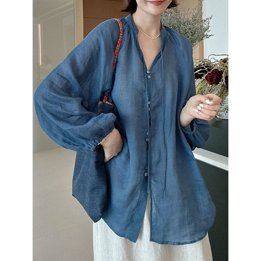 法式V领灯笼袖衬衫女2026夏薄款防晒宽松衬衣外套设计感别致上衣