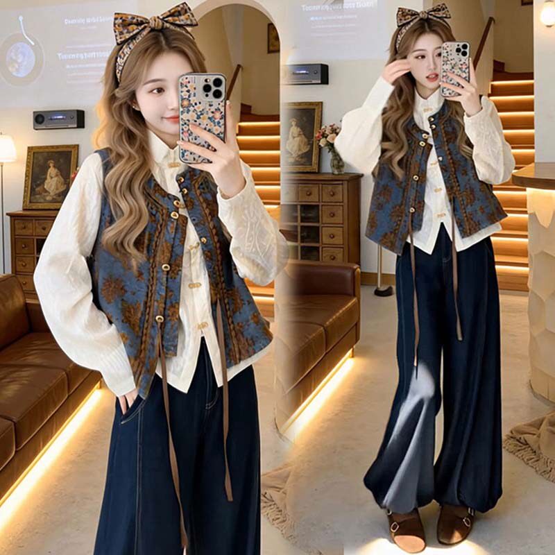 气质重工提花牛仔马甲三件套2026春季新款绣花衬衣牛仔灯笼裤套装