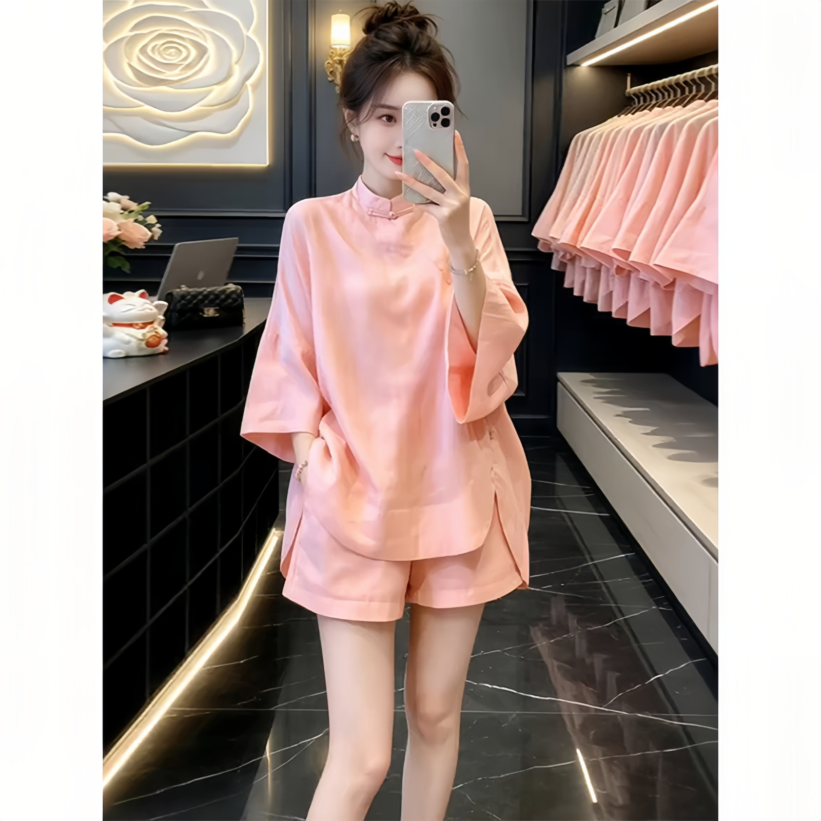 韩系chic巨好看套装女2026夏装新款粉色盘扣短袖衬衫高腰阔腿裤子
