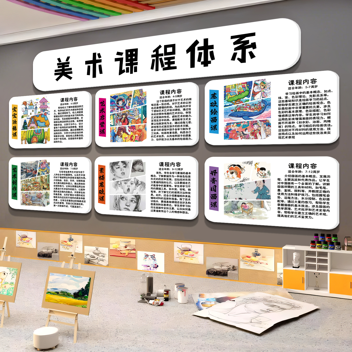 美术教室布置装饰画室氛围墙面展课程体系培训机构幼儿园环创文化