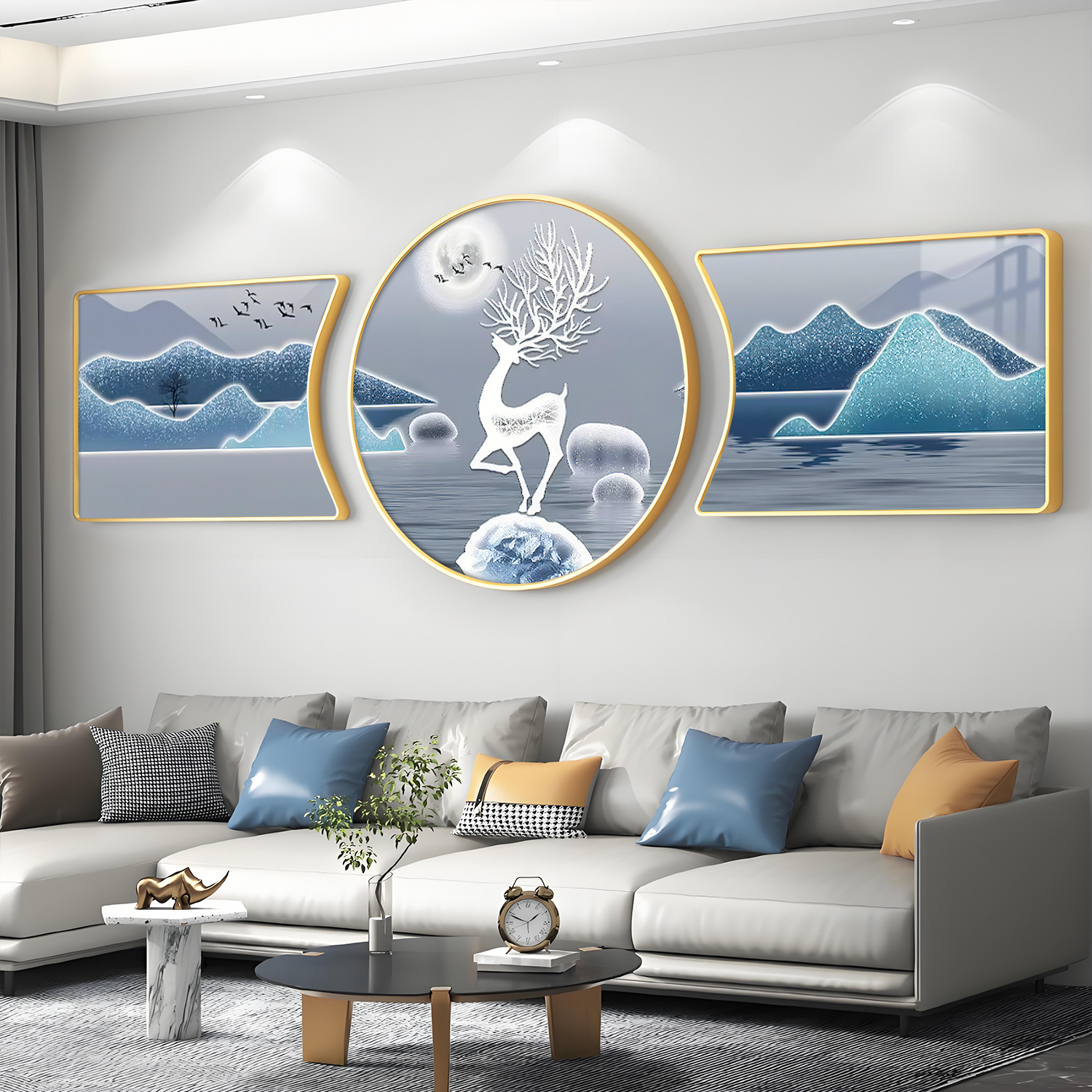 福鹿山水客厅装饰画轻奢高级感沙发背景墙蓝色抽象三联挂画壁画图片
