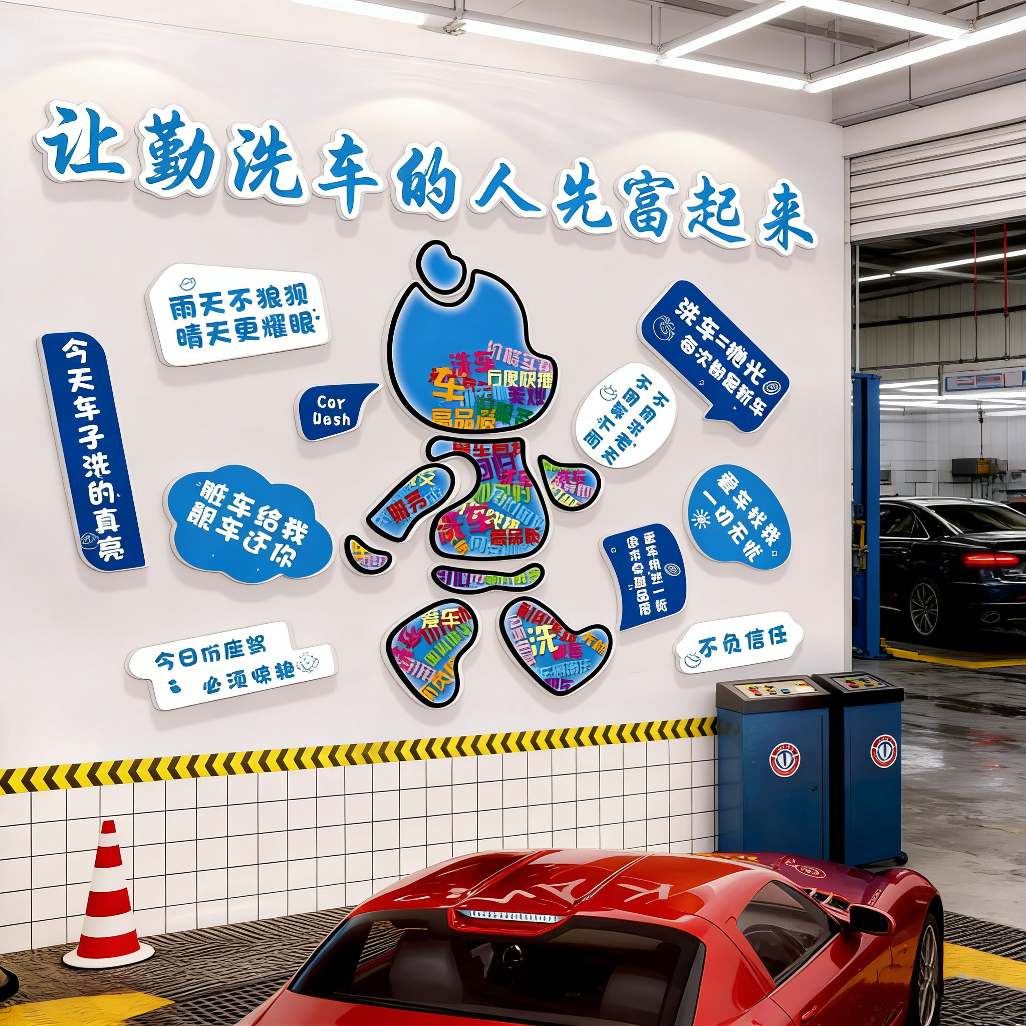 网红汽车4s美容店墙面装饰广告贴膜纸维修理厂间洗车店形象背景墙