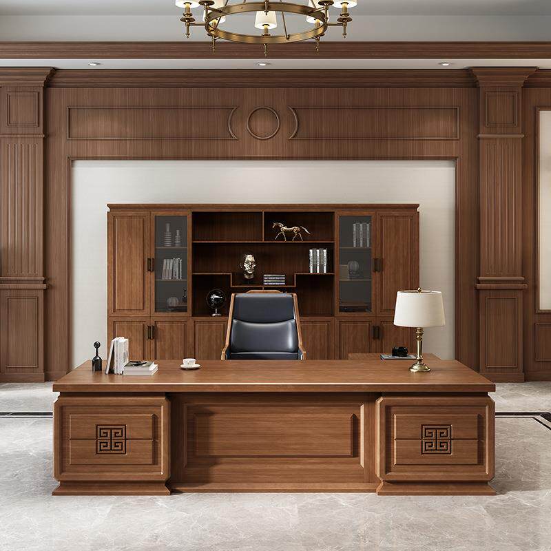 新中式实木办公桌总裁老板桌椅组合书柜大班台办公室乌金木家具大