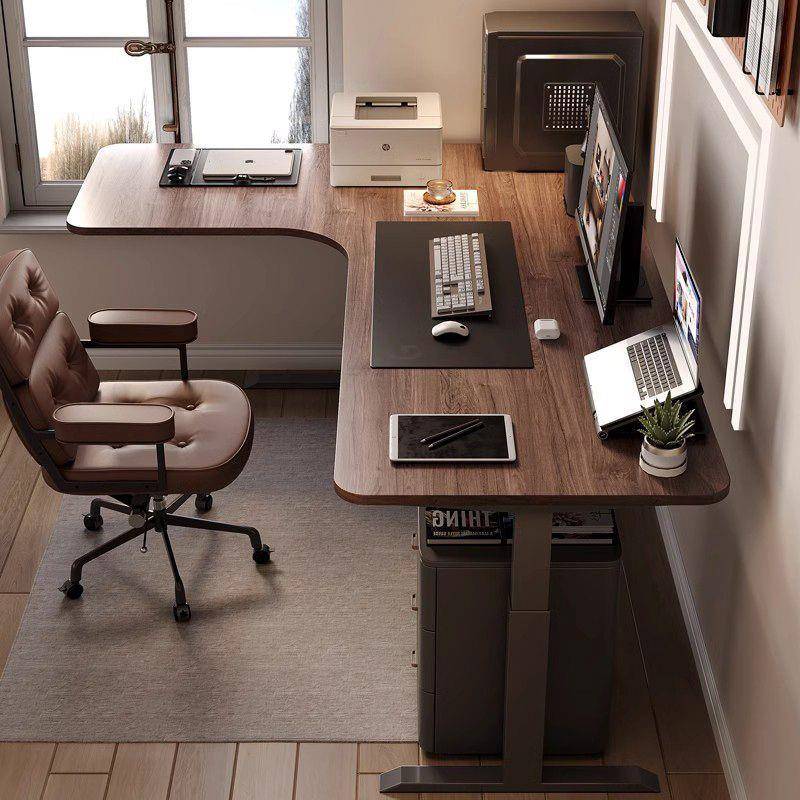 实木子lL黑胡桃木拐角升降电脑桌调节可智能型转角书桌电动电竞桌