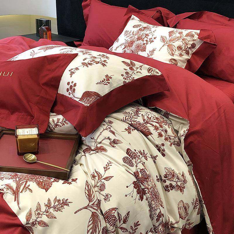 新婚床上四件套红色婚庆100支全棉长绒棉四件套结婚数码印花被套