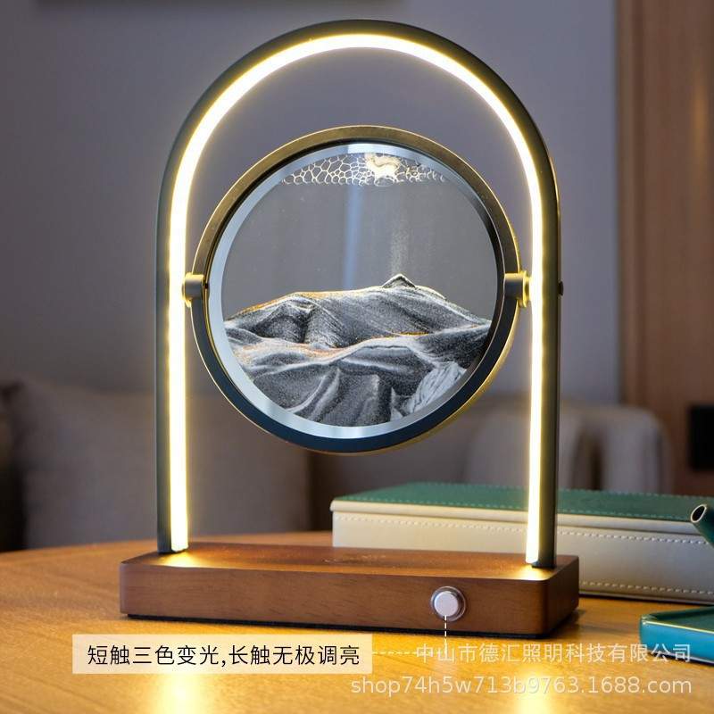 床头灯无线USB充电实木沙画灯装饰创意新款网红LED变光触摸台灯图片