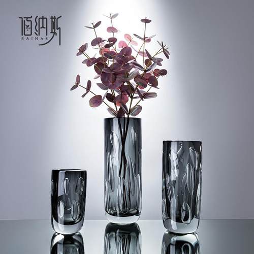 现代水晶绿色厚重仿真花水培玫瑰百合玻璃花瓶样板房客厅家居饰品