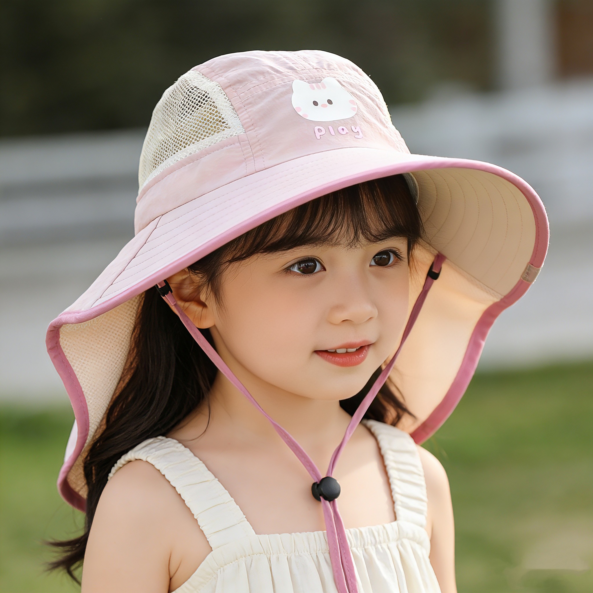 儿童防晒帽子夏季透气网渔夫披肩帽男孩可爱外出遮阳帽女宝太阳帽