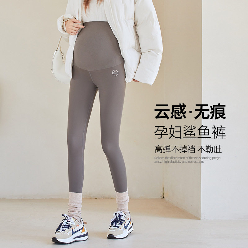 孕妇打底裤秋冬加绒冬季外穿高腰托腹鲨鱼皮加厚瑜伽九分裤长裤子