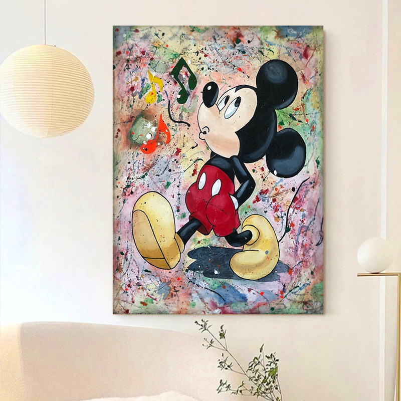 HW.ART手绘油画《米奇哼歌》卡通高级儿童房挂画餐厅侘寂风装饰画