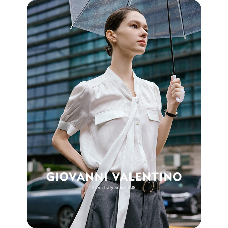GIOVANNI VALENTINO秋季新款短袖衬衫女士休闲蝴蝶结职业气质衬衣