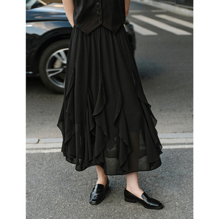 GIOVANNI VALENTINO春夏季女装层次感半身裙中长款优雅黑色蛋糕裙
