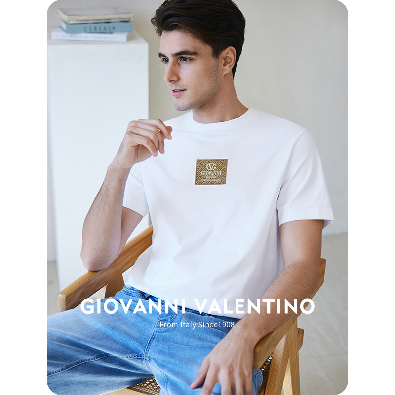 GIOVANNI VALENTINO夏季白色圆领短袖T恤男士休闲字母打底体恤衫
