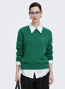 GIOVANNI VALENTINO秋冬季全羊毛圆领针织衫女士绿色休闲通勤毛衣