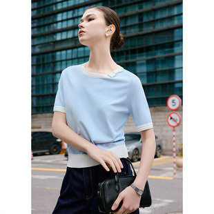 圆领针织衫 GIOVANNI 短袖 女士薄款 撞色休闲通勤T恤 VALENTINO夏季