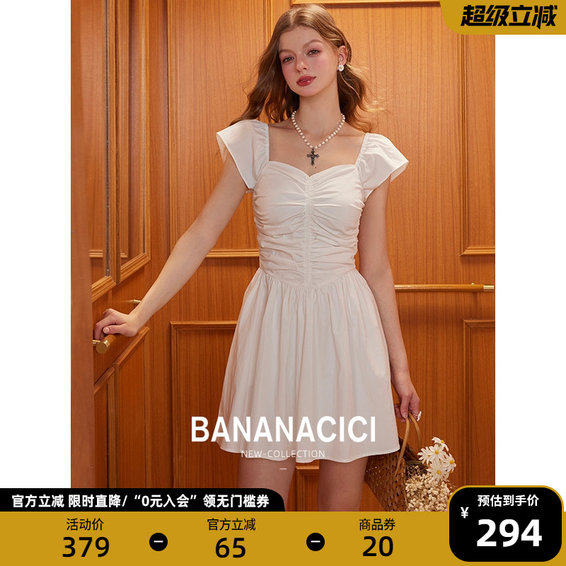 BANANA CICI2025年夏季新款法式复古收腰短裙显瘦休闲A字连衣裙