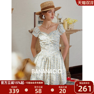 法式 新款 收腰短裙小清新褶皱碎花A字连衣裙 CICI2025年秋季 BANANA