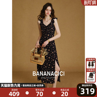 碎花无袖 BANANA 度假风荷叶领开衩长款 新款 连衣裙 CICI2025年夏季