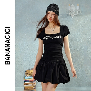 短袖 BANANA 复古辣妹风腰部抽褶修身 新款 连衣裙 CICI2024年夏季