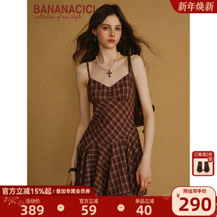 复古双层裙摆格纹分割短款 新款 吊带连衣裙 CICI2025年秋季 BANANA