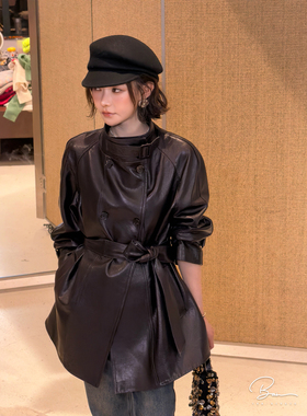 佟小白TXB 1月29日新品 灰紫色中长款皮衣风衣外套