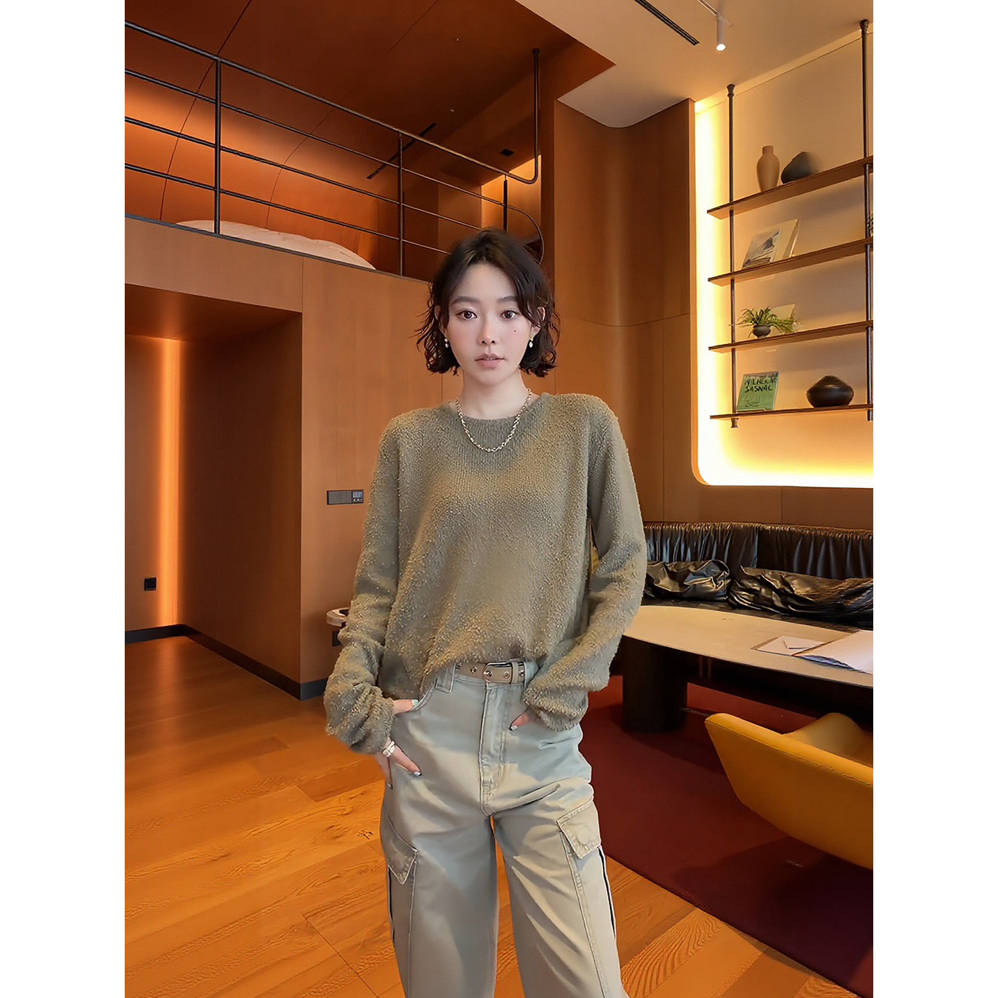 佟小白棉质桑蚕丝混纺针织衫女秋季立体圈圈纱肌理圆领上衣打底衫