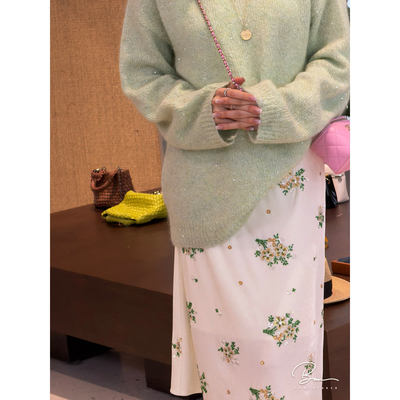 佟小白TXB “花涧春野”丝绒舒适手工钉珠彩珠侧拉链气质半身裙女