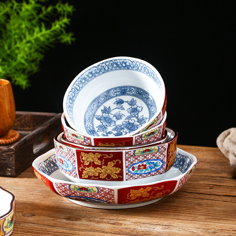 日式和风陶瓷拉面碗沙拉碗复古宫廷风彩绘八角莲花碗大汤碗饭碗