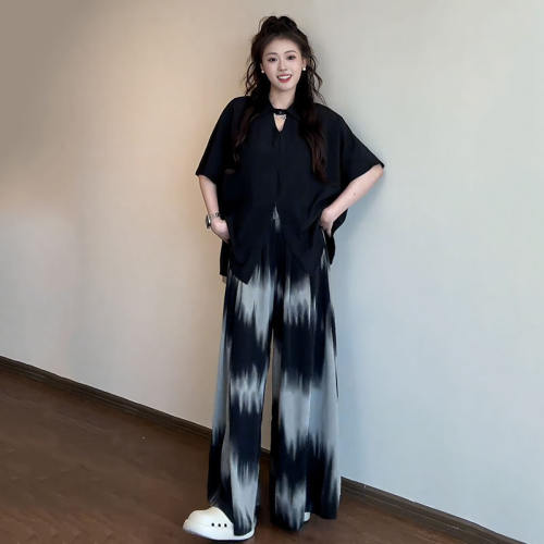 大码新中式套装黑色短袖衬衫裤子两件套女胖mm显瘦夏季穿搭一整套