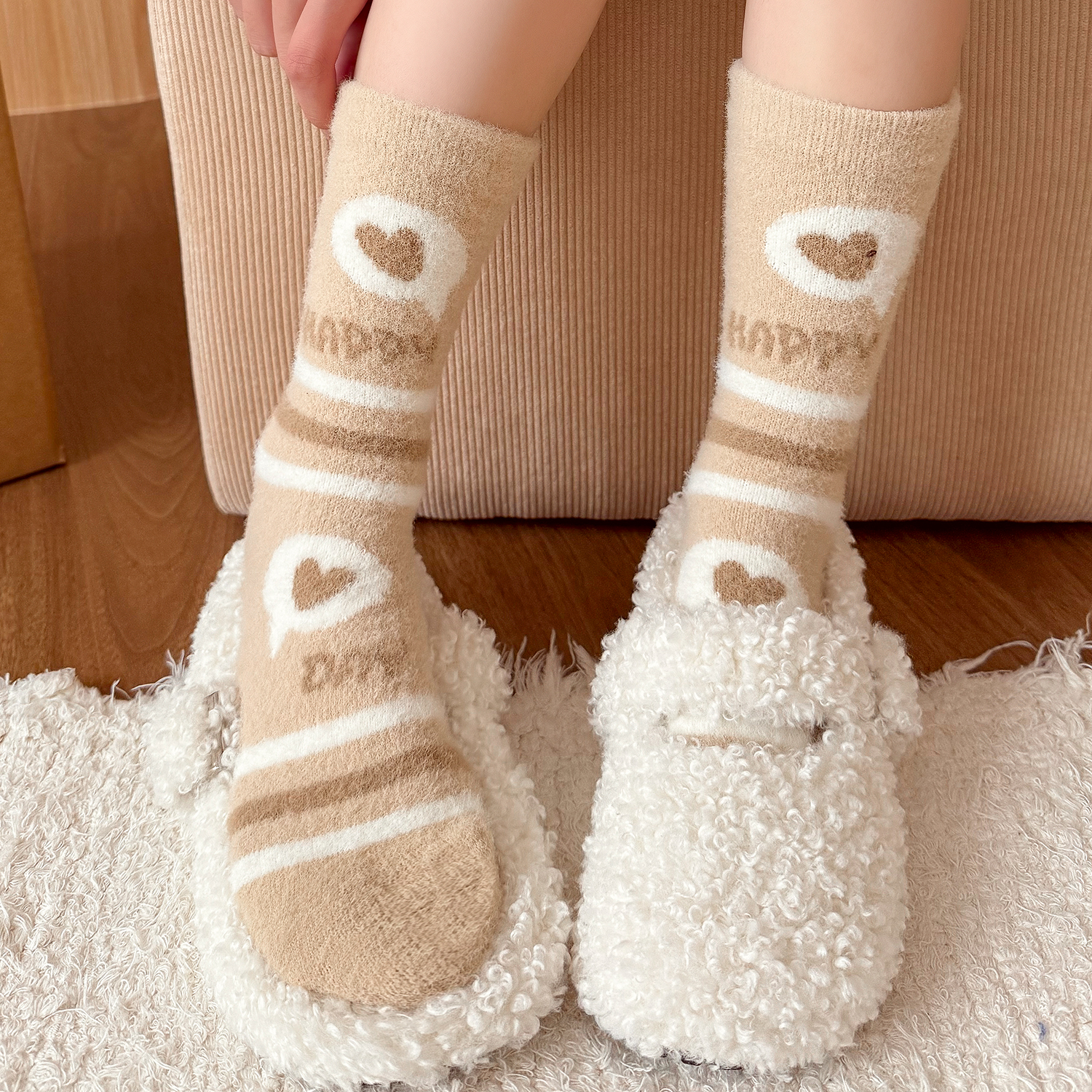 澳绒袜子女秋冬季长袜咖色可爱