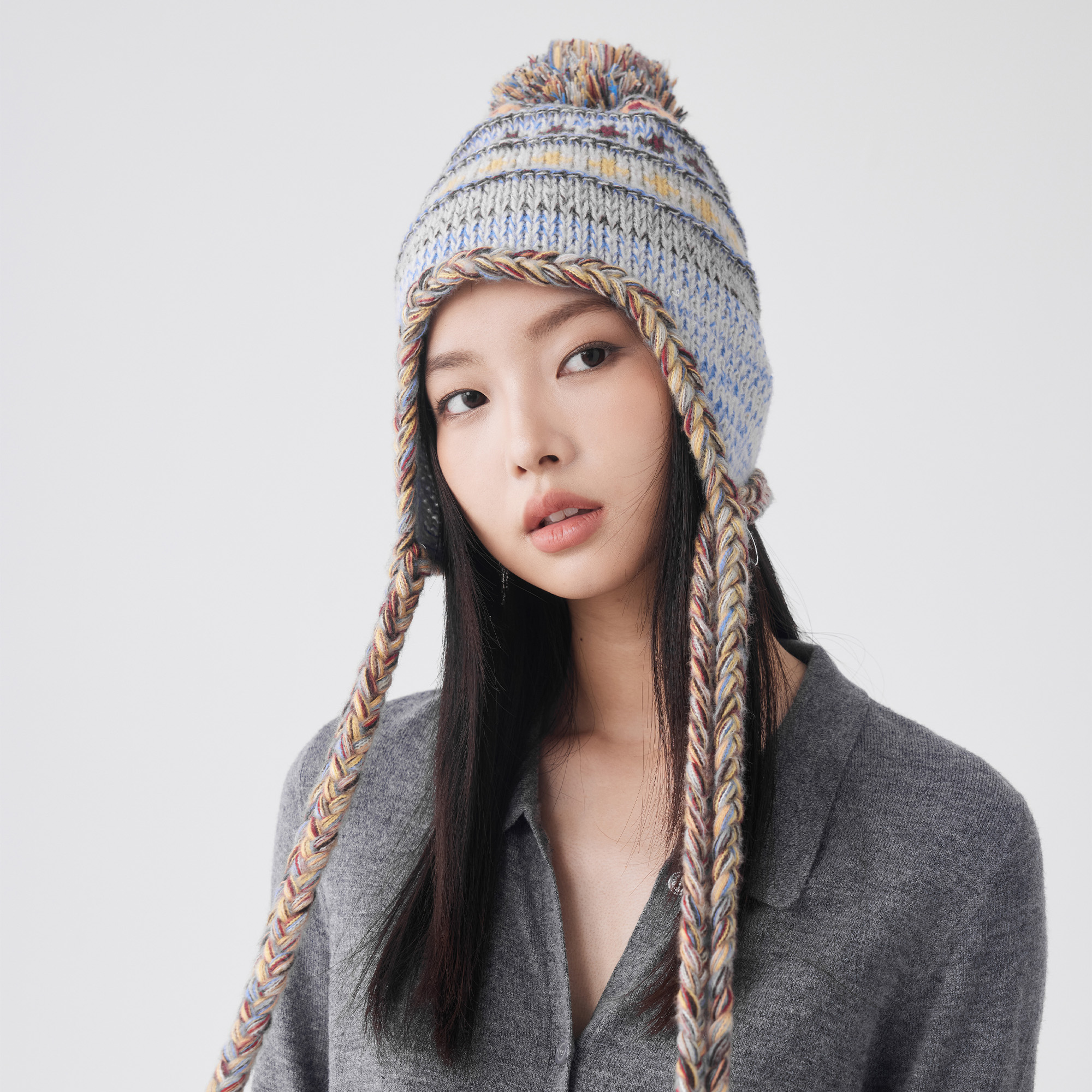 费尔岛风毛线帽花纹毛球针织帽