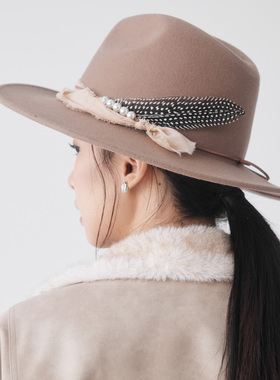 clásico珍珠复古Fedora羊毛礼帽秋冬宽檐纯色复古高级感帽子