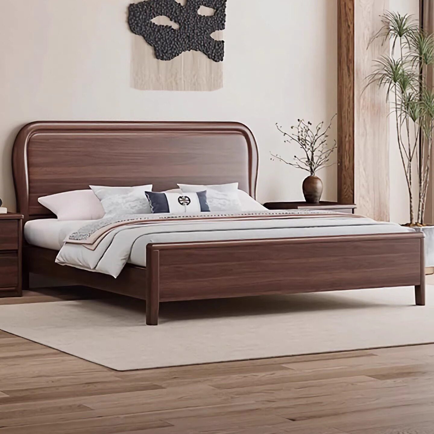 黑胡桃木加厚全实木床1.8米新中式主卧大床现代简约双人床1.5米床