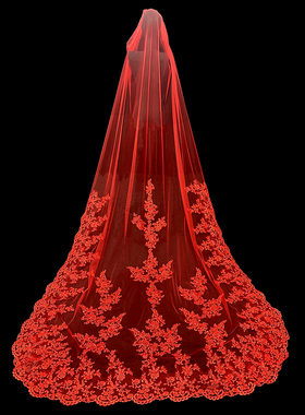 新娘结婚主婚纱头纱复古中式婚礼头纱配饰2024秋冬新品红色头纱