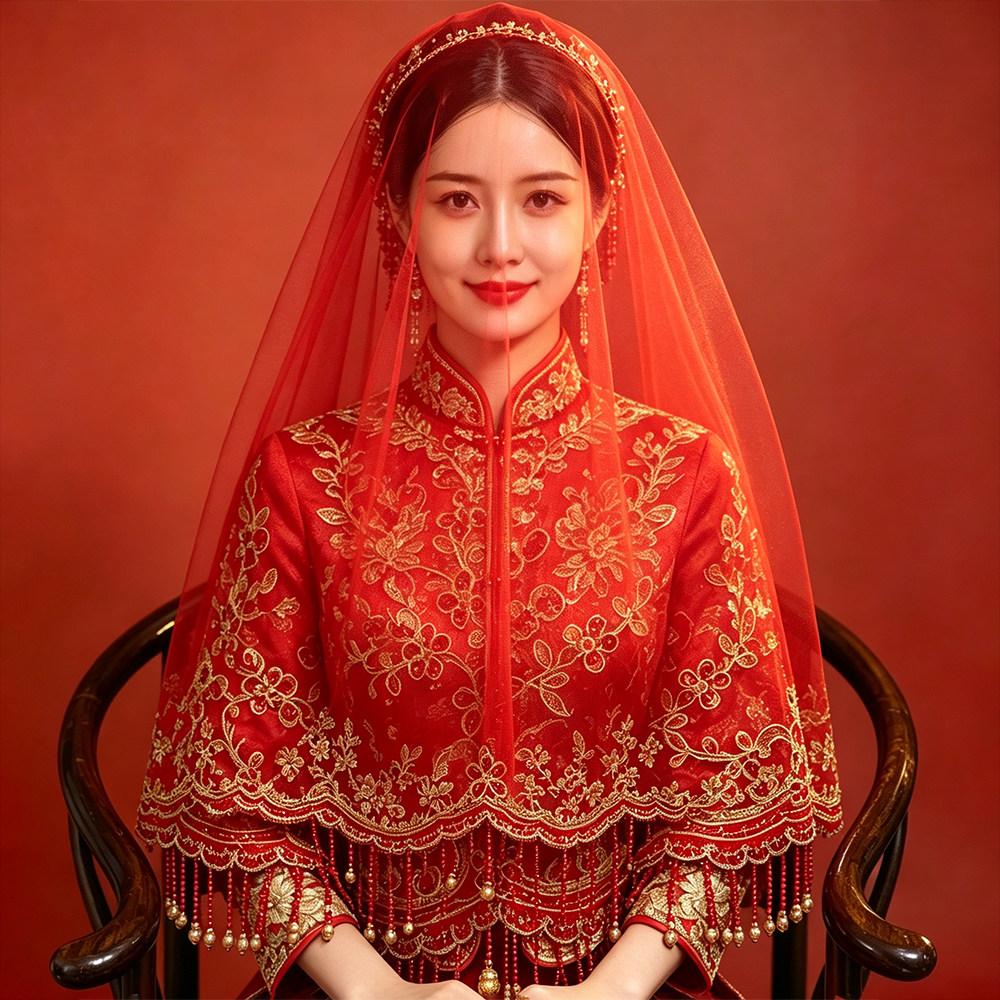 新娘出嫁头纱凤冠霞披红盖头结婚高档汉服秀禾龙凤褂半透明盖头红图片
