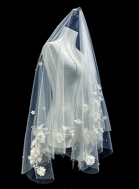 新娘结婚主婚纱头纱超仙森系蕾丝花朵头纱领证登记婚礼拍照头纱