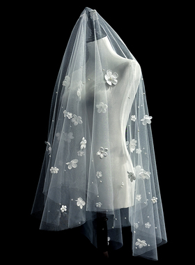 新娘结婚主婚纱头纱超仙森系韩式花朵头纱婚礼拍摄珍珠头纱配饰