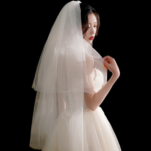 领证登记小头纱白色简约求婚拍照道具长款 头纱新娘主婚纱2022新款